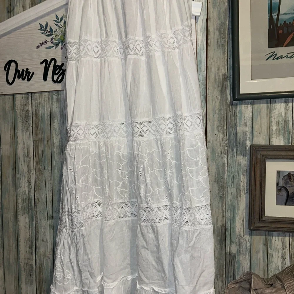 White Waves L/XL White Eyelet Maxi Skirt with Tassel Drawstring